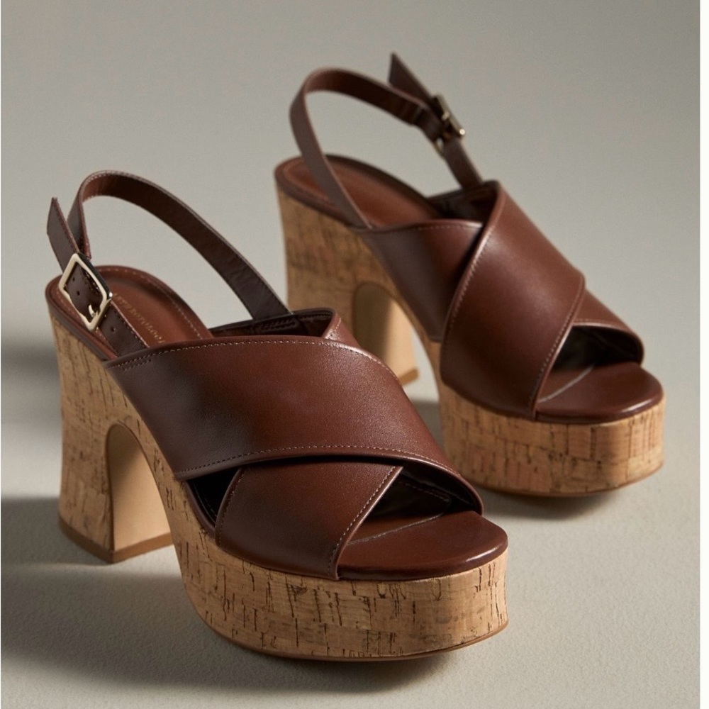 Anthropologie Brown Leather Cork Platform Sandals